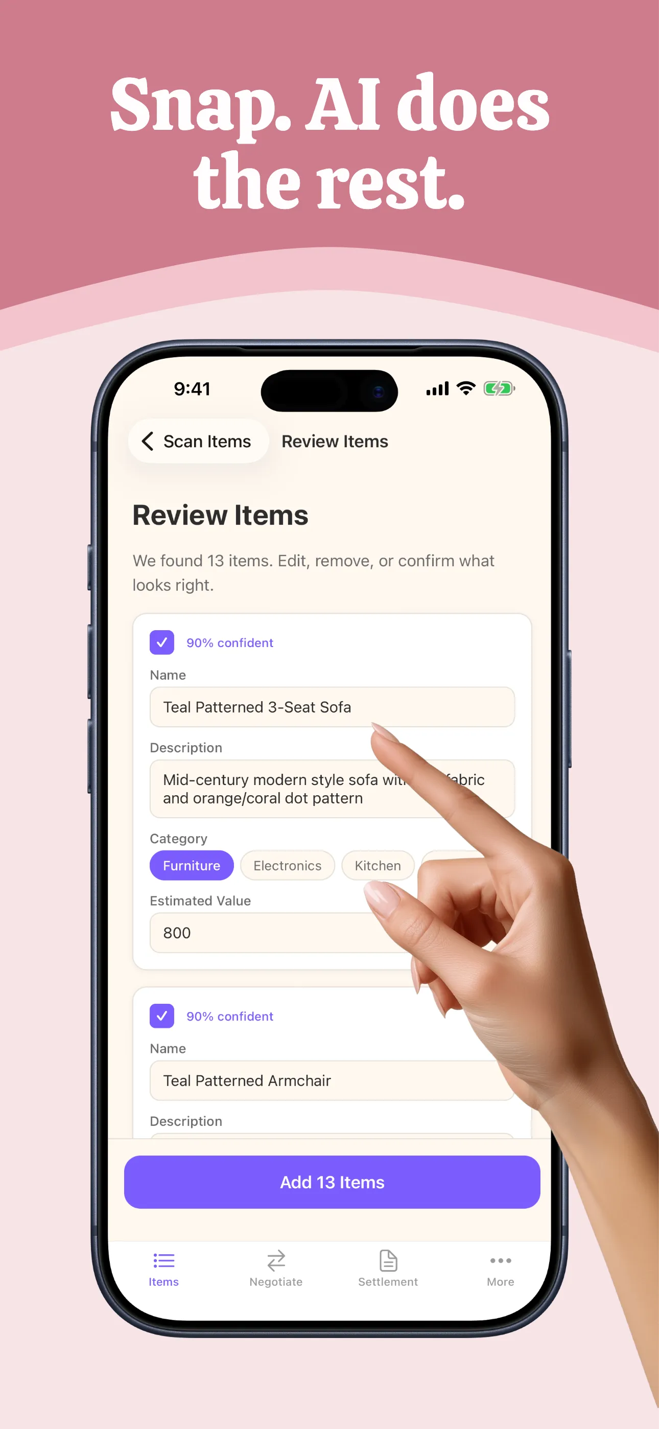 Review screen showing AI-extracted items with confidence indicators