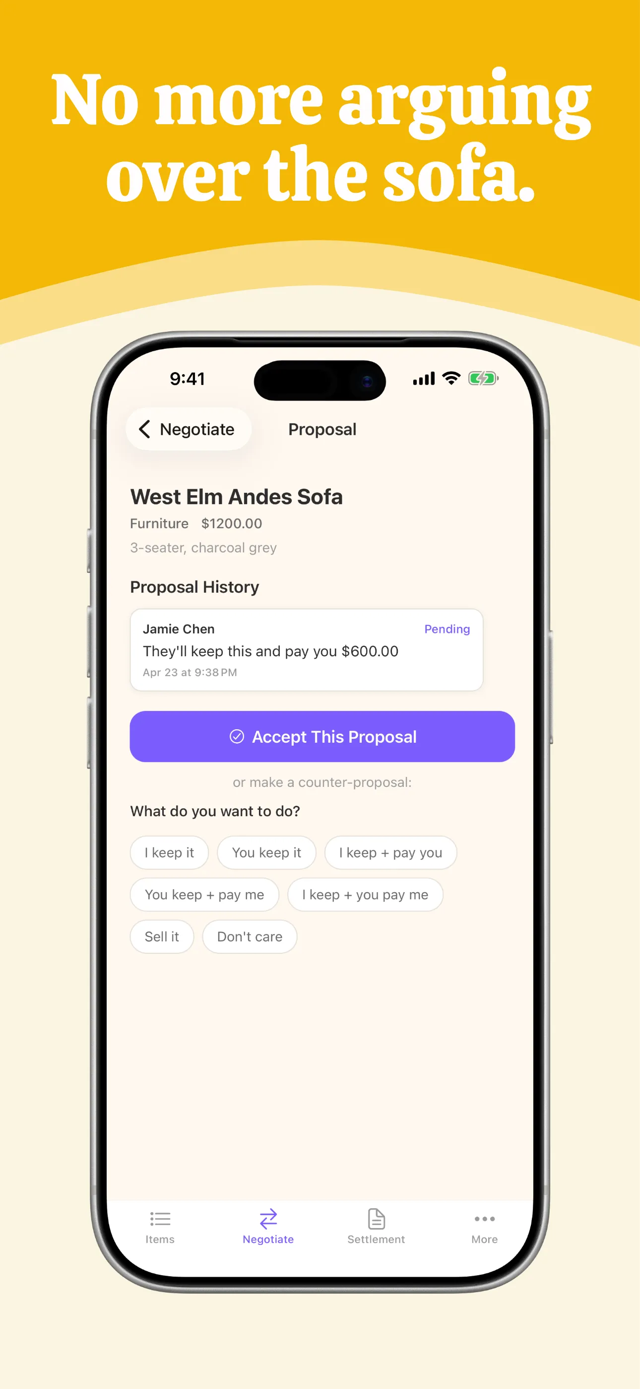 Proposal screen for the West Elm Andes sofa with counter-offer options