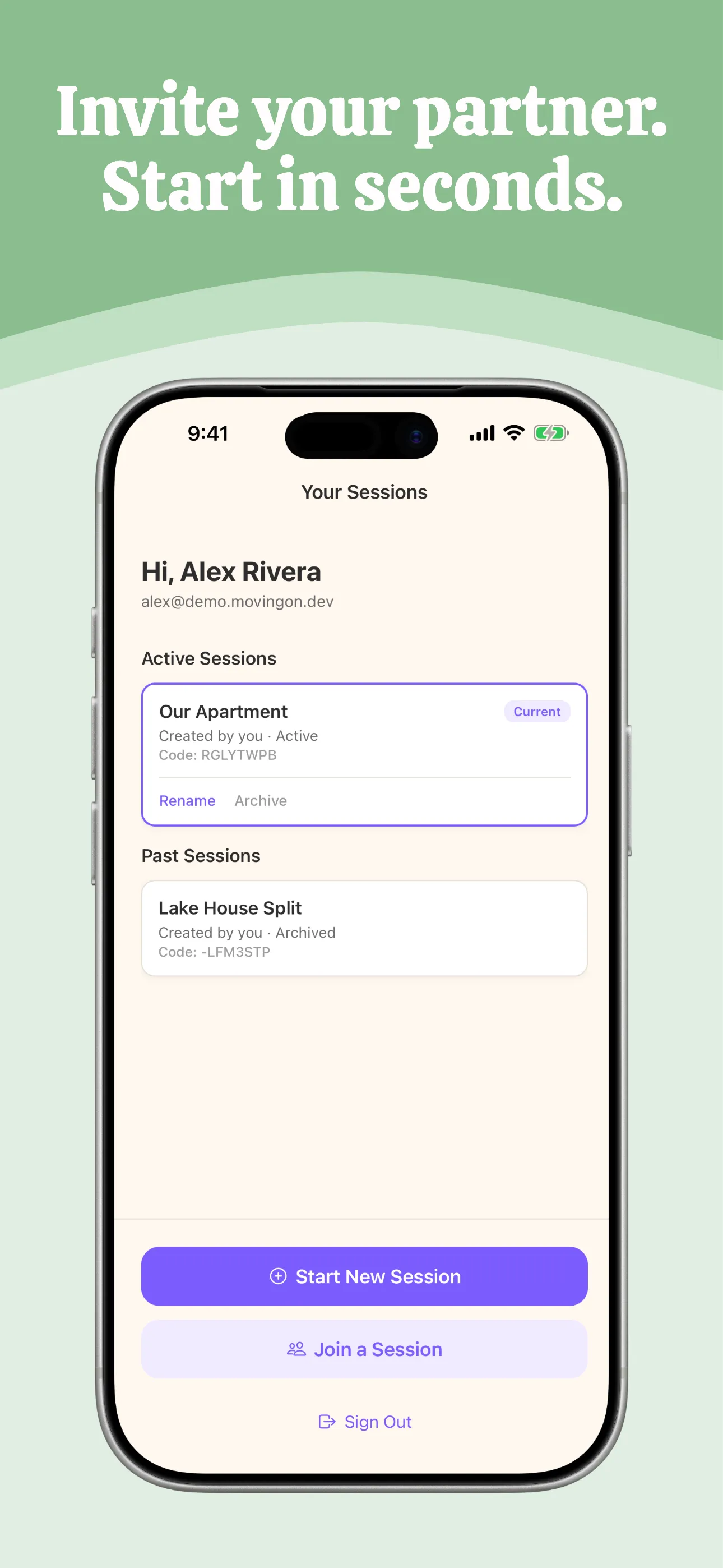 Moving On home screen with active sessions and Invite Partner button