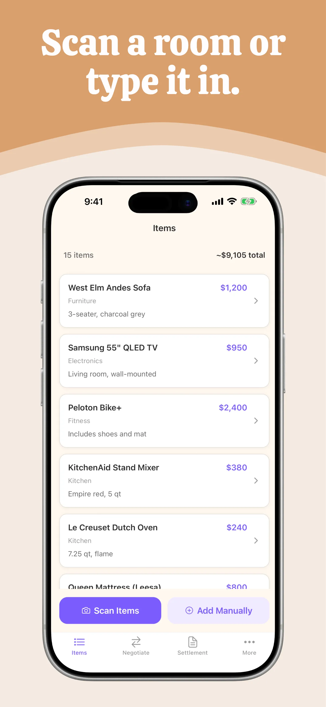 Items list with scanned belongings and estimated values